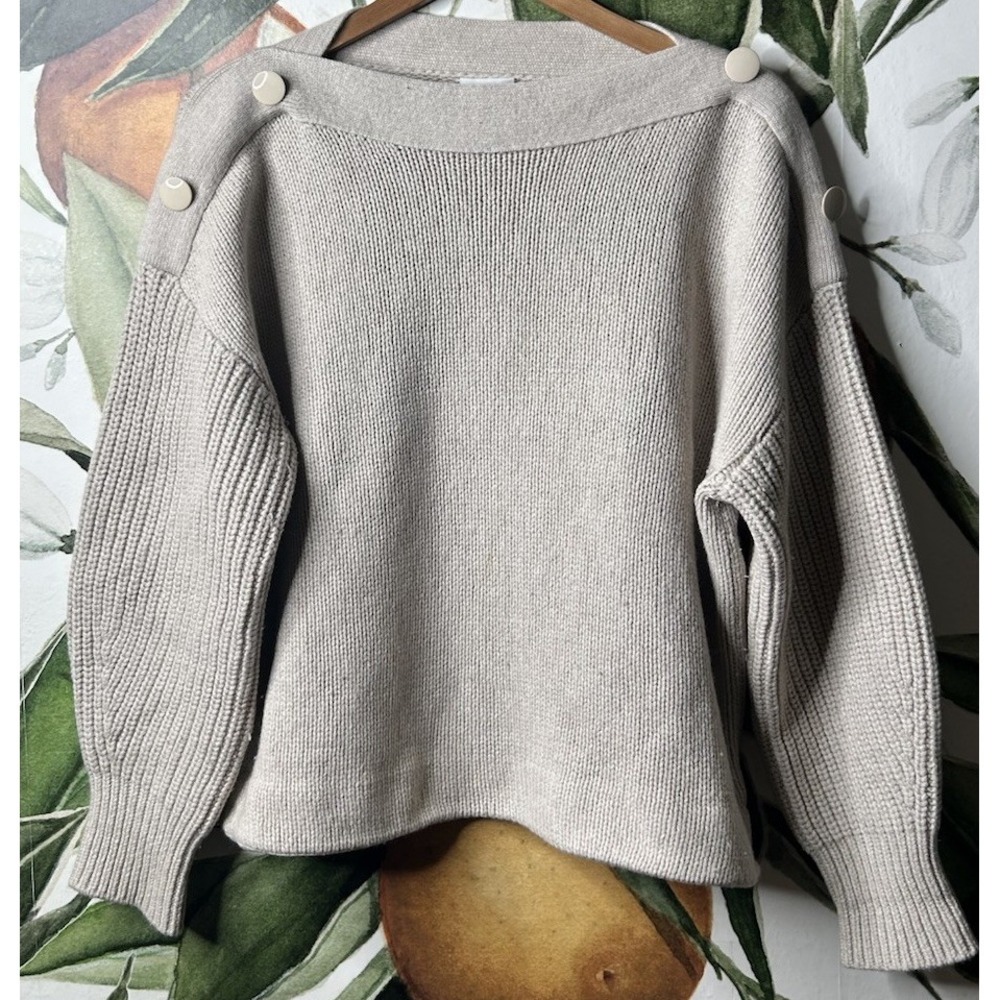 AKRIS Beige Cashmere Wool Blend Boatneck Drop Shoulder Button Sweater XL